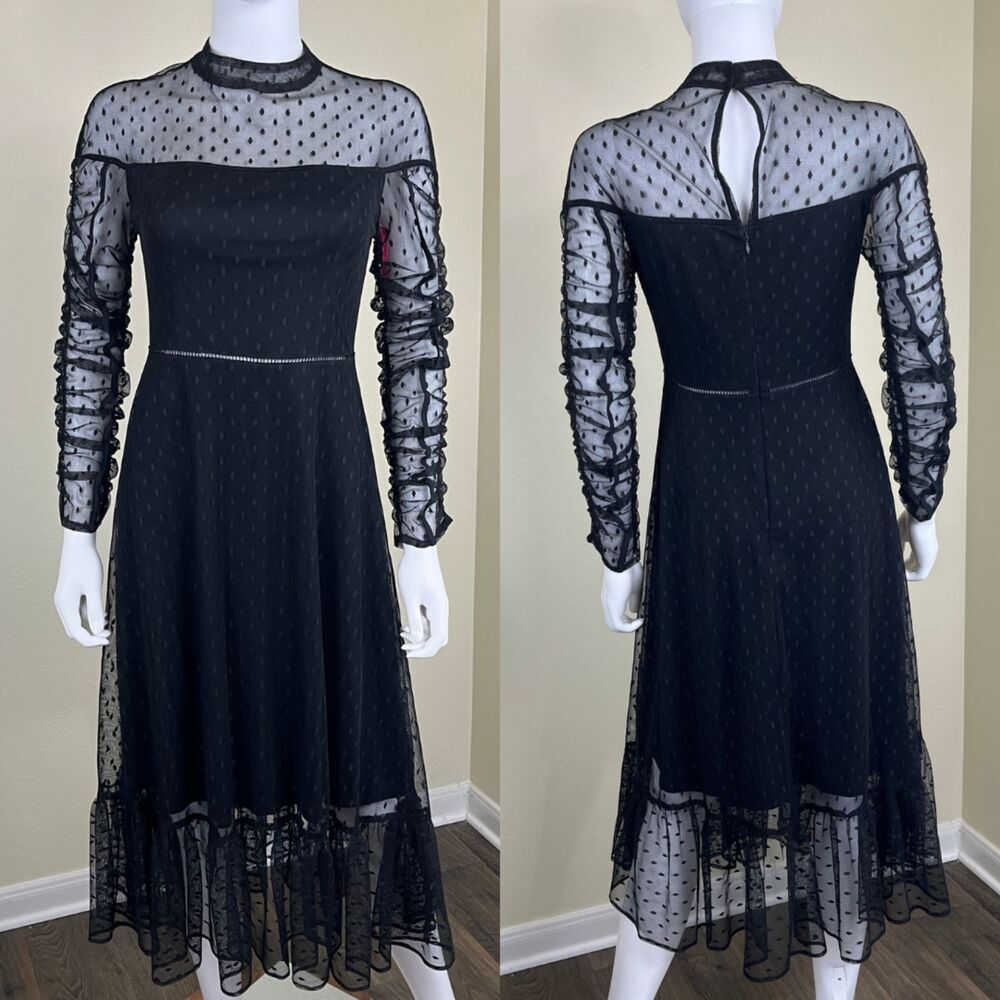 Betsey Johnson Black Sheer Polka Dot Midi Dress